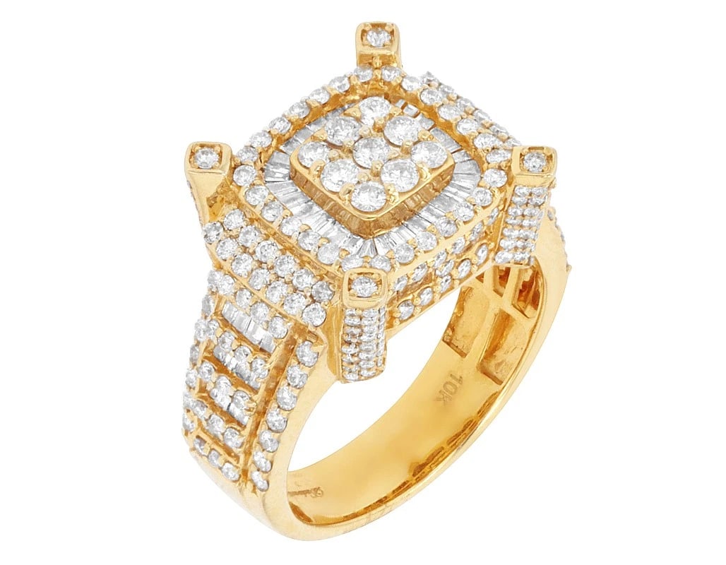 BAGUETTE HALO CLUSTER DIAMOND PINKY RING: Baguette Halo Cluster Diamond Pinky Ring Brand: None Type/Style: Ring Material: 10k Yellow Gold Color: Yellow Gold Size: 10 US Accessories: None Accessories Notice: When purchasing pre-own