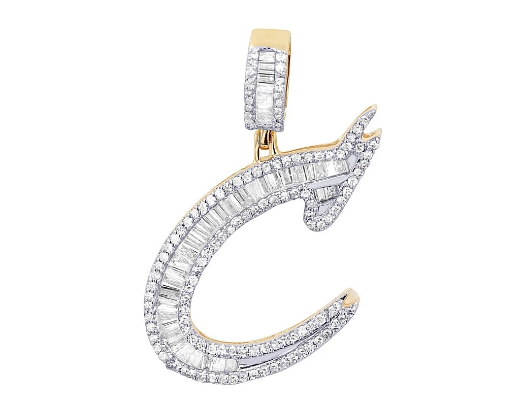 DIAMOND BAGUETTE INITIAL "C" PENDANT: Diamond Baguette Initial "C" Pendant Brand: None Type/Style: Pendant Material: 10k Yellow Gold Color: Yellow Gold Size: Dimension L 1.2", W 18.4 MM Accessories: None Accessories Notice: When
