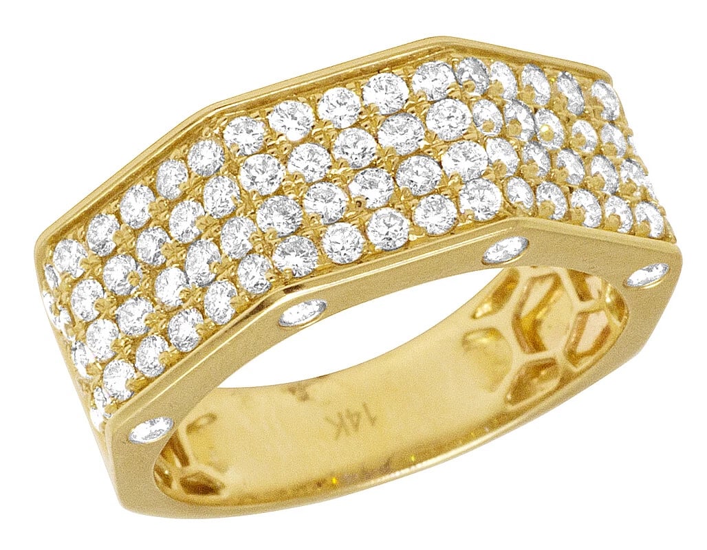 MENS FOUR ROW DIAMOND OCTAGON RING: Mens Four Row Diamond Octagon Ring Brand: None Type/Style: Ring Material: 14k Yellow Gold Color: Yellow Gold Size: 10 US Accessories: None Accessories Notice: When purchasing pre-owned goods, please