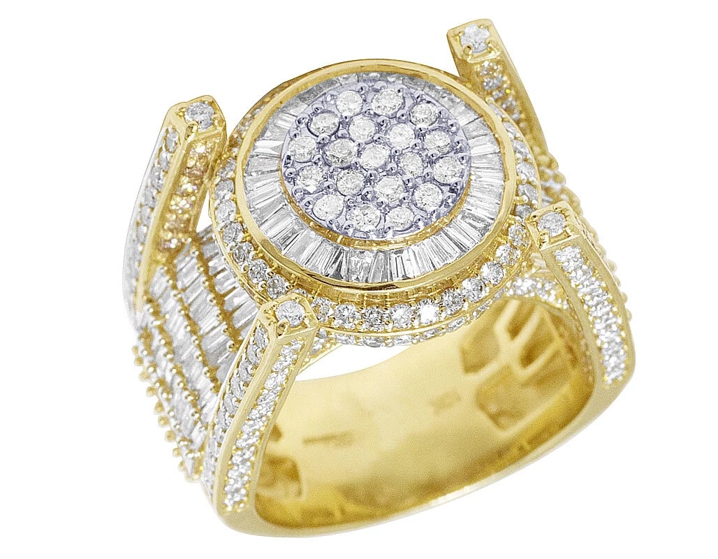 BAGUETTE DIAMOND CLUSTER PINKY RING: Baguette Diamond Cluster Pinky Ring Brand: None Type/Style: Ring Material: 10K Yellow Gold Color: Yellow Gold Size: 10 US Accessories: None Accessories Notice: When purchasing pre-owned go