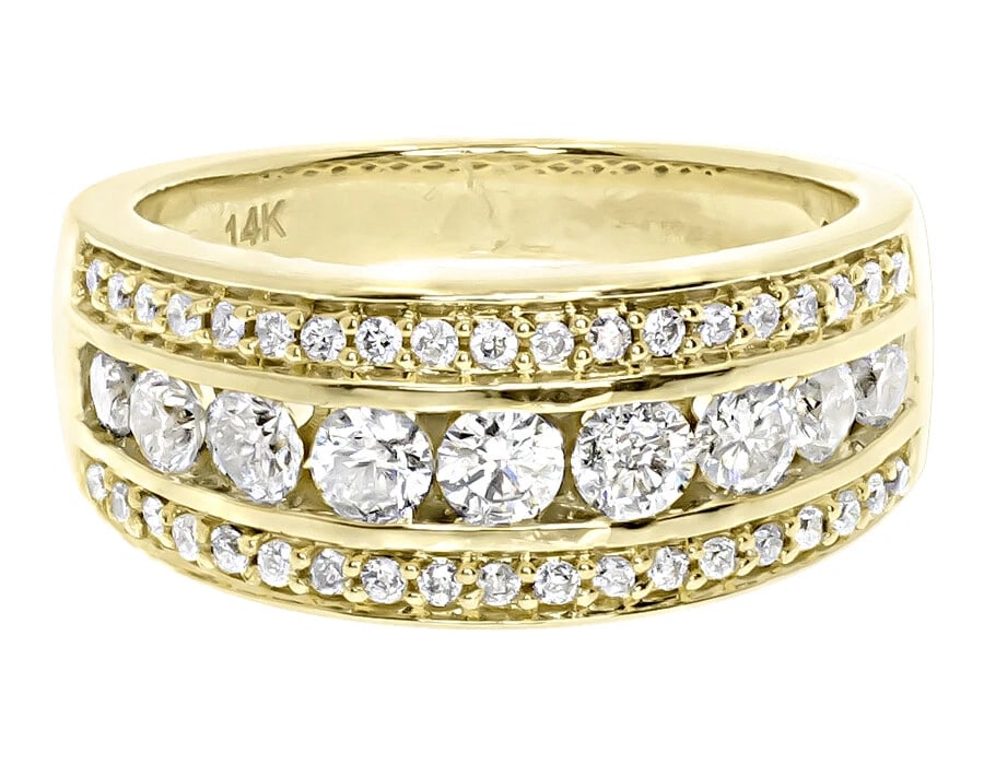 MENS THREE ROW ROUND CHANNEL DIAMOND WEDDING BAND RING: Mens Three Row Round Channel Diamond Wedding Band Ring Brand: None Type/Style: Ring Material: 14k Yellow Gold Color: Yellow Gold Size: 10 US Accessories: None Accessories Notice: When purchasing
