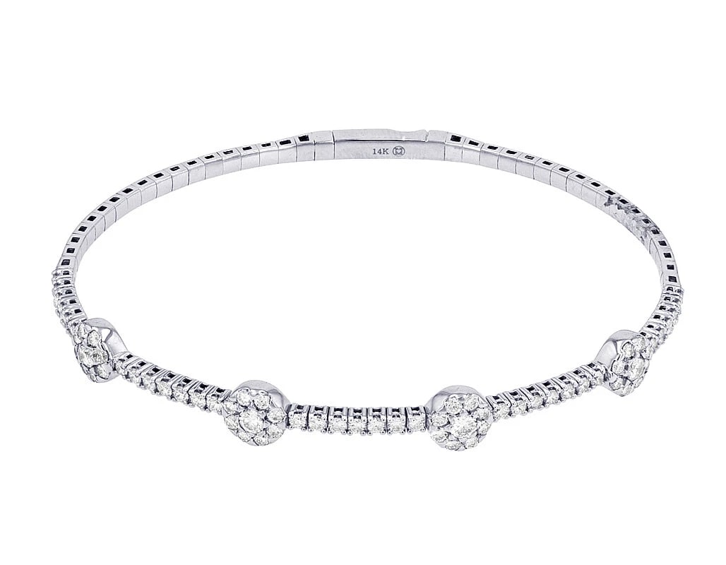 BANGLE TYPE CLUSTER DIAMOND BRACELET: Bangle Type Cluster Diamond Bracelet Brand: None Type/Style: Bracelet Material: 14k White Gold Color: White Gold Size: Dimension 7" x 2.5mm,Length 7 in. Accessories: None Accessories Notice: When