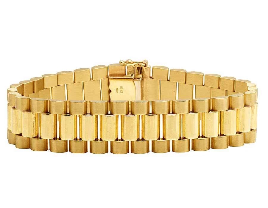SOLID LINK DESIGNER 8 INCHES PRESIDENTIAL BRACELET: Solid Link Designer 8 Inches Presidential Bracelet Brand: None Type/Style: Bracelet Material: 10K Yellow Gold Color: Yellow Gold Size: Dimension 15MM, 8",Length 8 in. Accessories: None Accessories