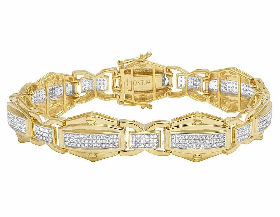 GENUINE DIAMOND CUSTOM DESIGNER BRACELET IN: Genuine Diamond Custom Designer Bracelet In Brand: None Type/Style: Bracelet Material: 10K Yellow Gold Color: Yellow Gold Size: Dimension 14mm, 8.5",Length 8.5 in. Accessories: None Accessories