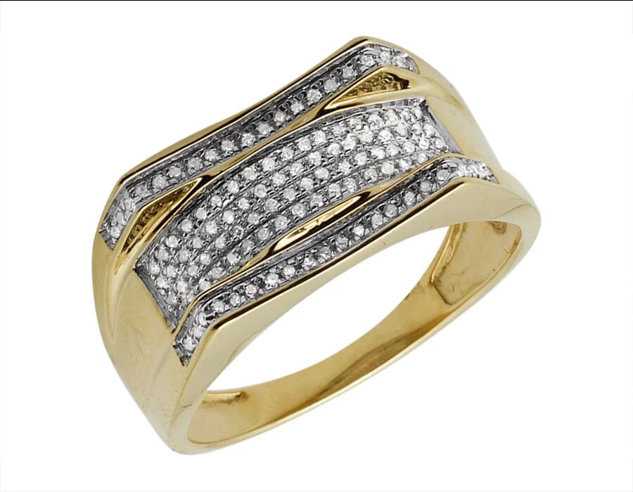 CURVED PAVE DIAMOND DESIGNER ENGAGEMENT RING: Curved Pave Diamond Designer Engagement Ring Brand: None Type/Style: Ring Material: 10K Yellow Gold Color: Yellow Gold Size: 10 US Accessories: None Accessories Notice: When purchasing pre-owned