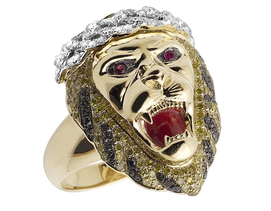 TREATED CANARY BLACK DIAMONDS LION PINKY RING: Treated Canary Black Diamonds Lion Pinky Ring Brand: None Type/Style: Ring Material: 10K Yellow Gold Color: Yellow Gold Size: 10 US Accessories: None Accessories Notice: When purchasing pre-owned