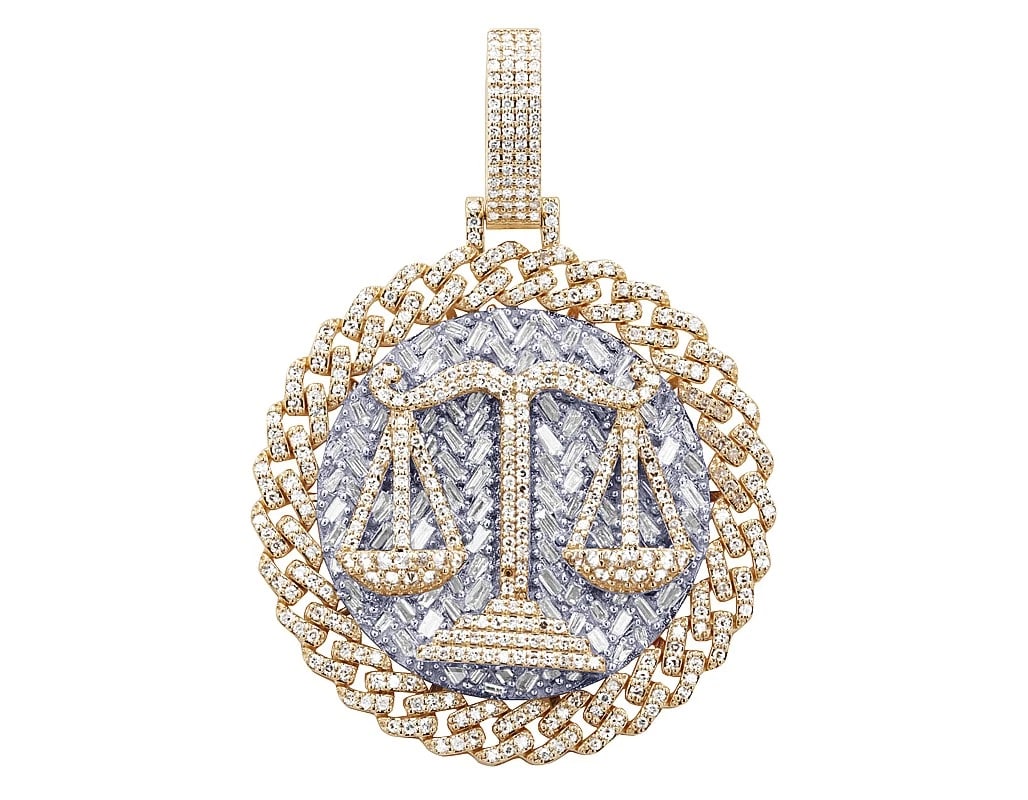 10K SCALE OF JUSTICE BAGUETTE ROUND DIAMOND PENDANT: 10k Scale of Justice Baguette Round Diamond Pendant Brand: None Type/Style: Pendant Material: 10K Yellow-White Gold Color: none Size: Dimension Diameter 34MM + Bail 13MM Accessories: None