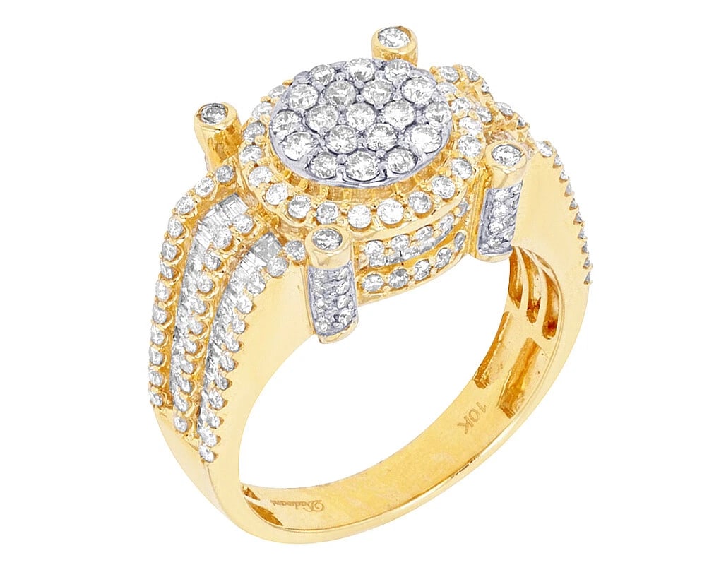 ROUND CLUSTER HALO DIAMOND BAGUETTE PINKY RING: Round Cluster Halo Diamond Baguette Pinky Ring Brand: None Type/Style: Ring Material: 10K Yellow-White Gold Color: none Size: 10.5 US Accessories: None Accessories Notice: When purchasing