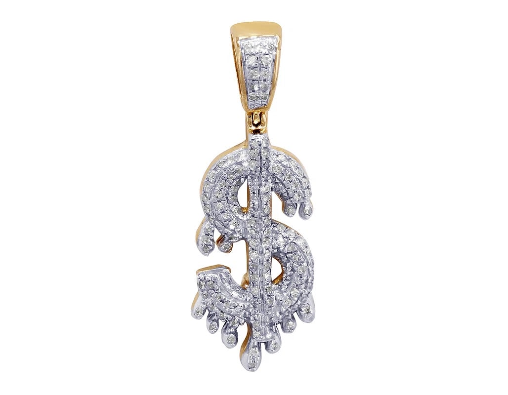 DRIPPING DIAMONDS DOLLAR SIGN "$" PENDANT: Dripping Diamonds Dollar Sign "$" Pendant Brand: None Type/Style: Necklace Material: 10k Multi-Tone Gold Color: Multi-Tone Size: Dimension 1.4" Accessories: None Accessories Notice: When p