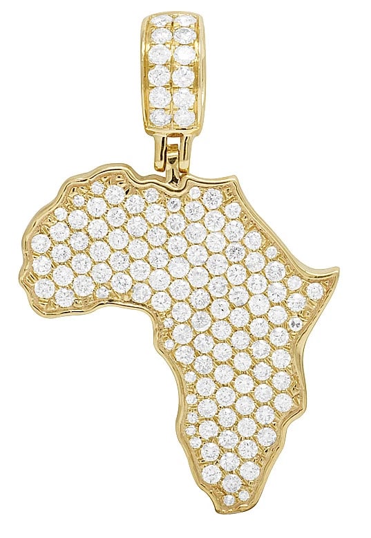 AFRICA CONTINENT OUTLINE ICED DIAMOND MAP PENDANT: Africa Continent Outline Iced Diamond Map Pendant Brand: None Type/Style: Pendant Material: 14k Yellow Gold Color: Yellow Gold Size: Dimension 1.5 inches Accessories: None Accessories Noti
