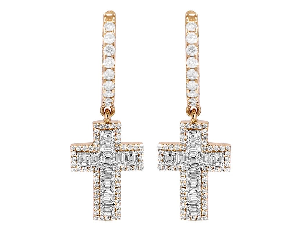 UNISEX BAGUETTE DIAMOND CROSS DANGLE HOOP EARRINGS: Unisex Baguette Diamond Cross Dangle Hoop Earrings Brand: None Type/Style: Earrings Material: 10k Yellow Gold Color: Yellow Gold Size: Dimension 1.5" x 14mm x 3mm Accessories: None Accesso