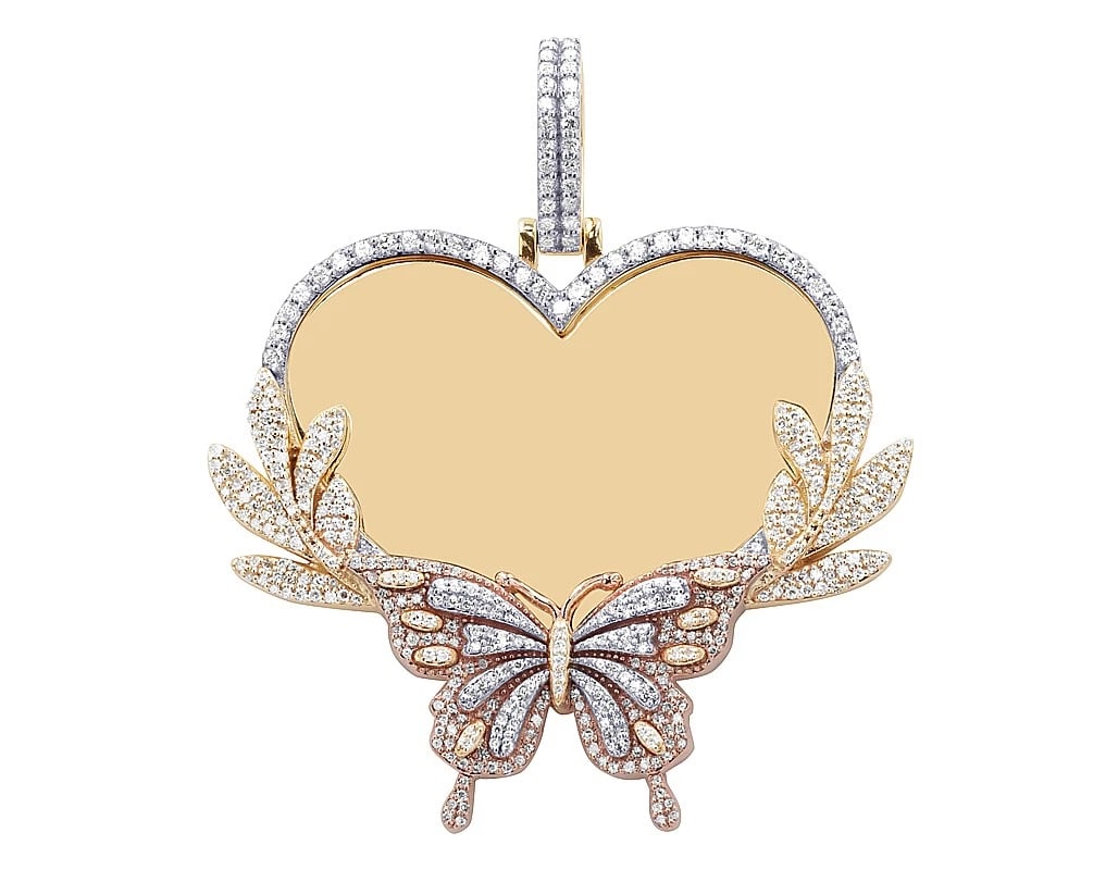 BUTTERFLY WING FRAME DIAMOND HEART MEMORY PENDANT: Butterfly Wing Frame Diamond Heart Memory Pendant Brand: None Type/Style: Pendant Material: 10k Multi-Tone Gold Color: Multi-Tone Size: Dimension Length 40.7MM Width 46.5MM + Bail14.5MM Accessorie