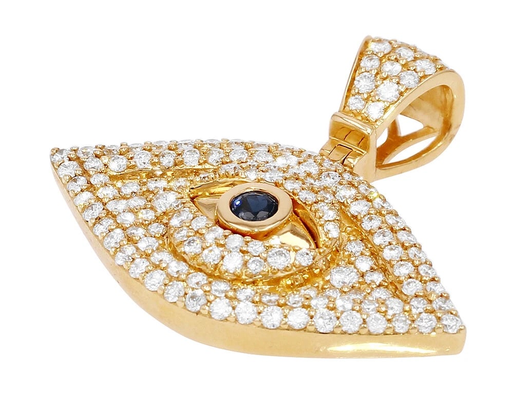 UNISEX EVIL EYE BLUE SAPPHIRE DIAMOND PENDANT: Unisex Evil Eye Blue Sapphire Diamond Pendant Brand: None Type/Style: Pendant Material: 14k Yellow Gold Color: Yellow Gold Size: Dimension L 1.2" x W 0.1.5" x H 7MM Accessories: None Accessories