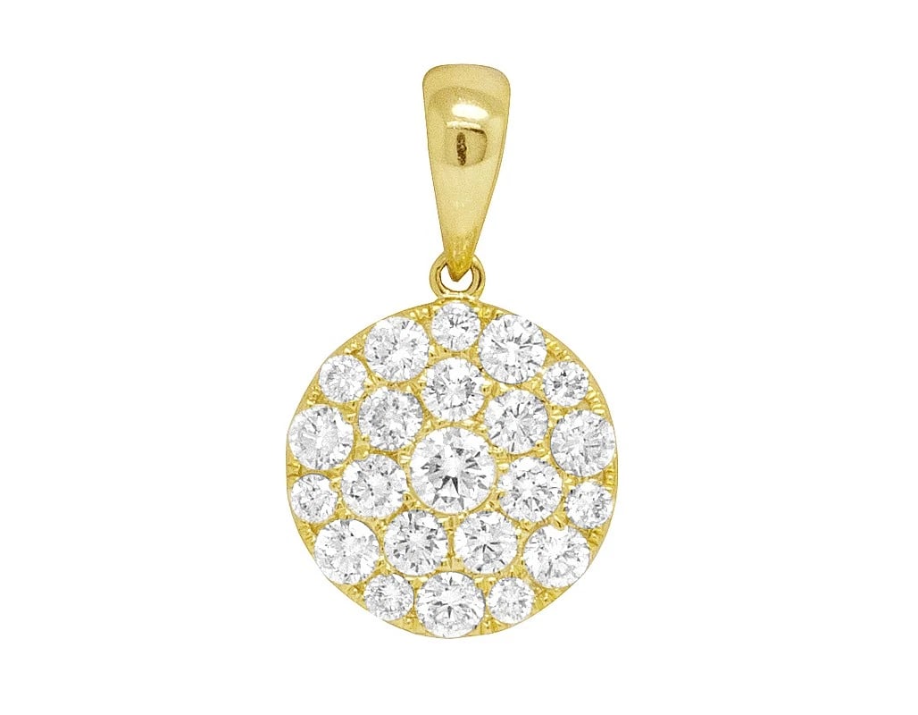 DIAMOND ROUND FLOWER CLUSTER PENDANT SET: Diamond Round Flower Cluster Pendant Set Brand: None Type/Style: Necklace Material: 14k Yellow Gold Color: Yellow Gold Size: Dimension 0.75" Accessories: None Accessories Notice: When purchasing