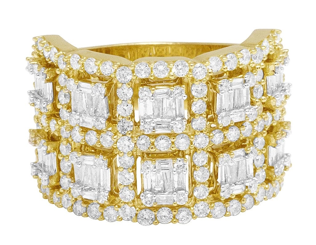 DIAMOND BAGUETTE TWO ROW HALO RING BAND: Diamond Baguette Two Row Halo Ring Band Brand: None Type/Style: Ring Material: 10k Yellow Gold Color: Yellow Gold Size: 7US Accessories: None Accessories Notice: When purchasing pre-owned