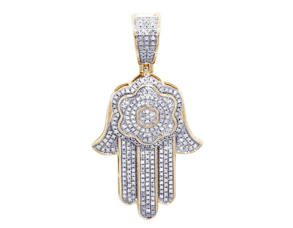 UNISEX HAMSA FLOWER DIAMOND PENDANT: Unisex Hamsa Flower Diamond Pendant Brand: None Type/Style: Necklace Material: 10k Multi-Tone Gold Color: Multi-Tone Size: Dimension L 1.6" x W 0.8" x H 6mm Accessories: None Accessories N