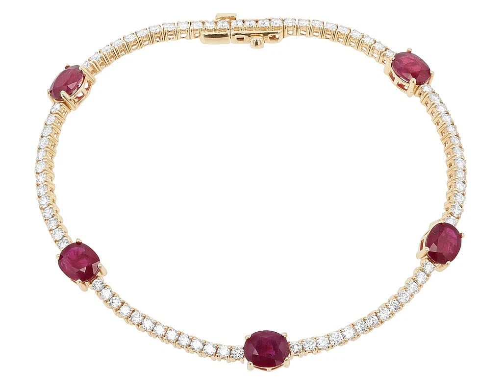 OVAL RUBY ACCENTS DIAMOND TENNIS BRACELET: Oval Ruby Accents Diamond Tennis Bracelet Brand: None Type/Style: Bracelet Material: 14k Yellow Gold Color: Yellow Gold Size: Dimension Length 7", Width 5 MM Accessories: None Accessories Notice: