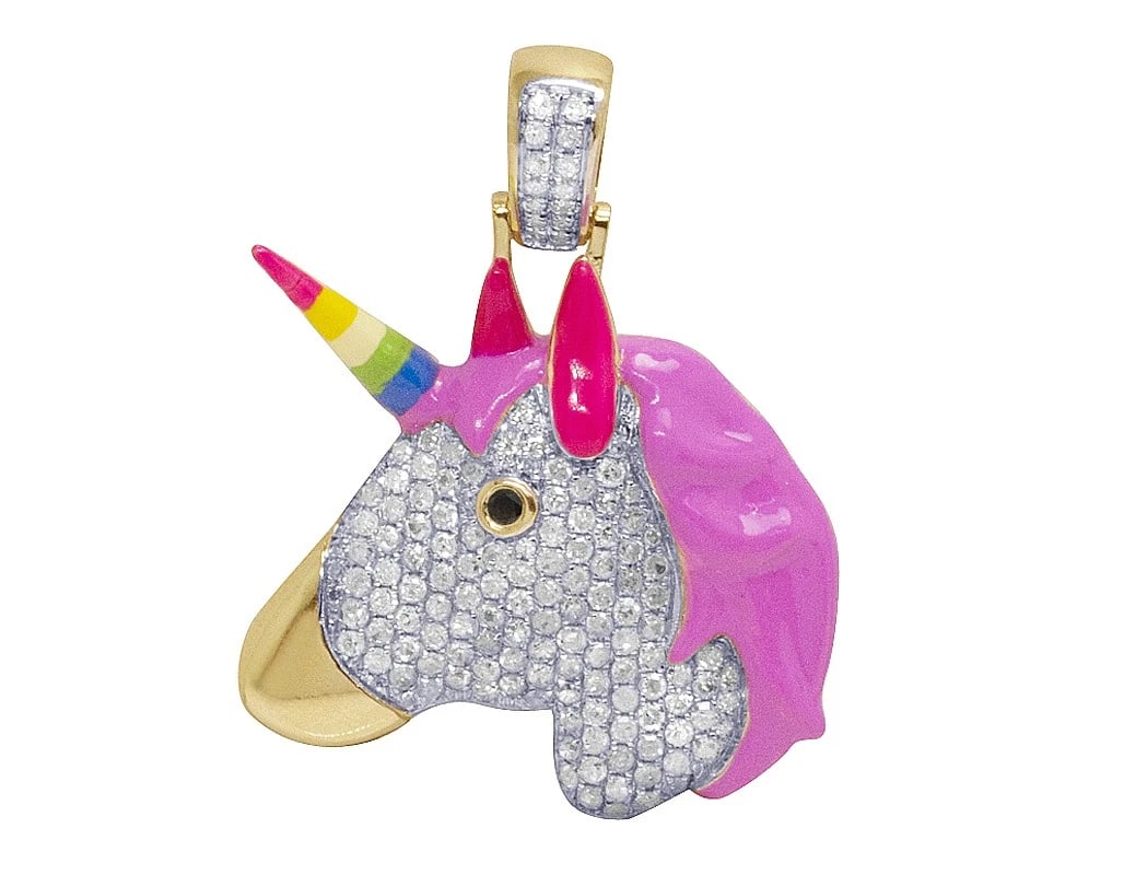 DIAMOND ENAMEL UNICORN EMOJI PENDANT: Diamond Enamel Unicorn Emoji Pendant Brand: None Type/Style: Pendant Material: 10k Yellow Gold Color: Yellow Gold Size: Dimension 1.38 Accessories: None Accessories Notice: When purchasing pre-owned