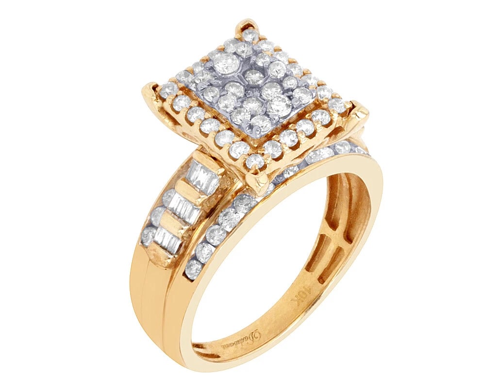 RECTANGULAR CLUSTER DIAMOND BAGUETTE ENGAGEMENT / WEDDING RING: Rectangular Cluster Diamond Baguette Engagement / Wedding Ring Brand: None Type/Style: Ring Material: 10k Yellow-White Gold Color: Multi-Tone Size: 7US Accessories: None Accessories Notice