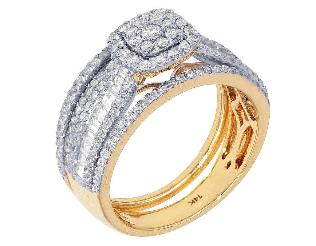 SQUARE CLUSTER HALO WITH BAGUETTES DIAMOND BRIDAL RINGS: Square Cluster Halo with Baguettes Diamond Bridal Rings Brand: None Type/Style: Ring Material: 14k Yellow-White Gold Color: Multi-Tone Size: 7US Accessories: None Accessories Notice: When purchasing