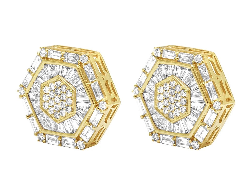 BAGUETTE DIAMOND HEXAGON STUD EARRINGS - 2