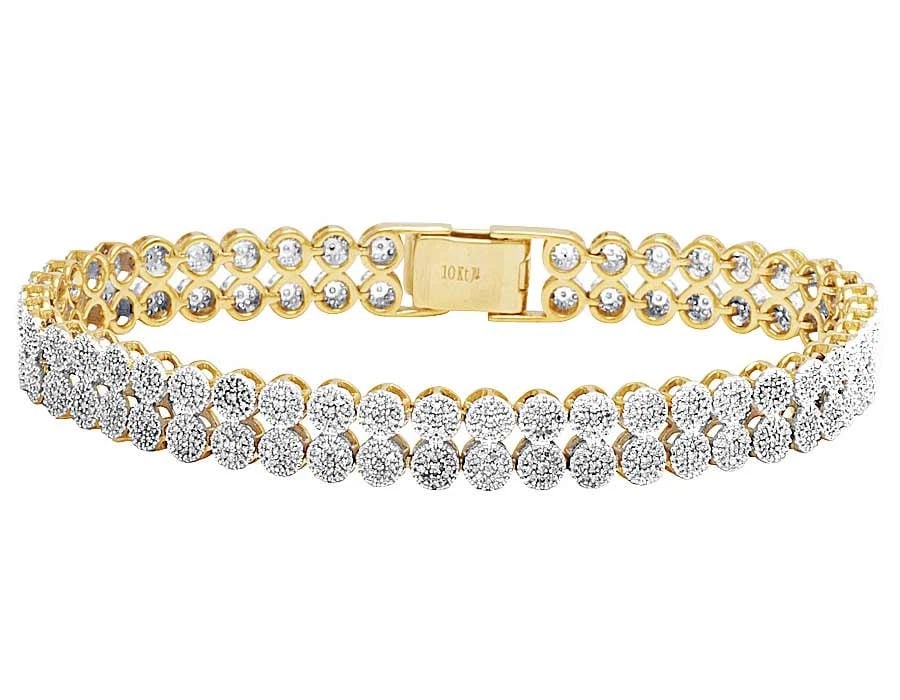 DIAMOND 2 ROW CLUSTER BRACELET: Diamond 2 Row Cluster Bracelet Brand: None Type/Style: Bracelet Material: 10k Yellow Gold Color: Yellow Gold Size: Dimension 8mm, 8" Accessories: None Accessories Notice: When purchasing pre-owned