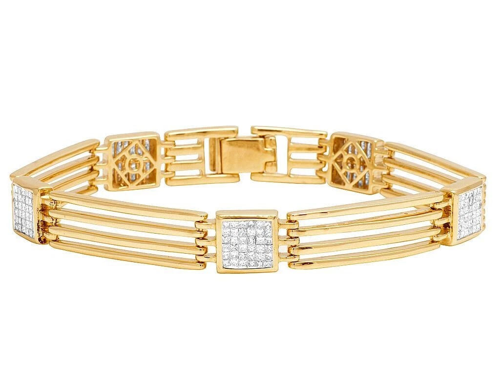 PRINCESS DIAMOND SQUARE LINK BAR BRACELET: Princess Diamond Square Link Bar Bracelet Brand: None Type/Style: Bracelet Material: 10k Yellow Gold Color: Yellow Gold Size: Dimension 9MM, 8" Accessories: None Accessories Notice: When purchasing