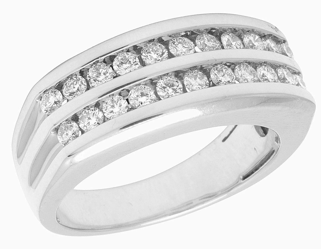 DIAMOND MENS TWO ROW CHANNEL SET RING: Diamond Mens Two Row Channel Set Ring Brand: None Type/Style: Ring Material: 10k White Gold Color: White Gold Size: 10US Accessories: None Accessories Notice: When purchasing pre-owned goo