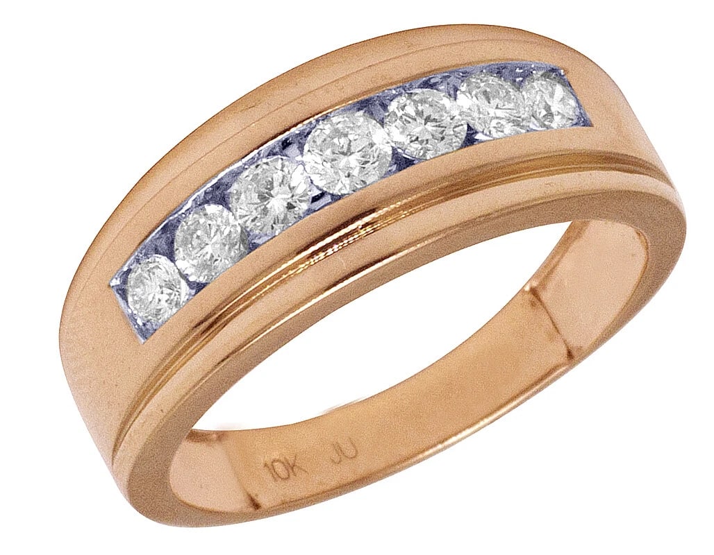 10K ROSE GOLD DIAMOND 7 STONE CHANNEL BAND RING: 10K Rose Gold Diamond 7 Stone Channel Band Ring Brand: None Type/Style: Ring Material: 10k Rose Gold Color: Rose Gold Size: 10US Accessories: None Accessories Notice: When purchasing pre-o