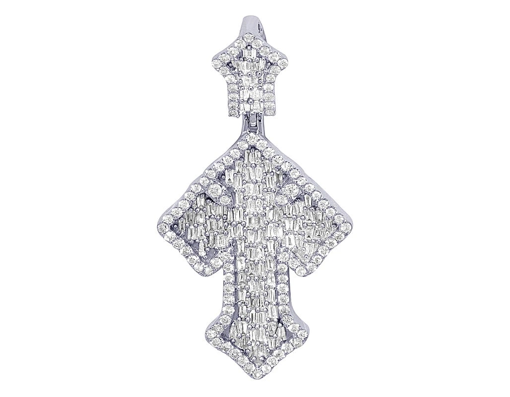 MULTI ROW BAGUETTE CROSS SHAPED DIAMOND PENDANT: Multi Row Baguette Cross Shaped Diamond Pendant Brand: None Type/Style: Necklace Material: 10k White Gold Color: White Gold Size: Dimension L 1.9" , W 1" Accessories: None Accessories Noti