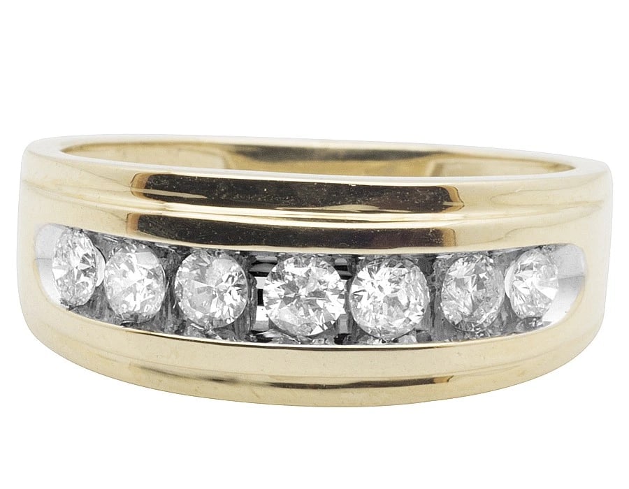 ONE-ROW GENUINE CHANNEL DIAMOND WEDDING BAND RING: One-Row Genuine Channel Diamond Wedding Band Ring Brand: None Type/Style: Ring Material: 10k Yellow Gold Color: Yellow Gold Size: 7US Accessories: None Accessories Notice: When purchasing