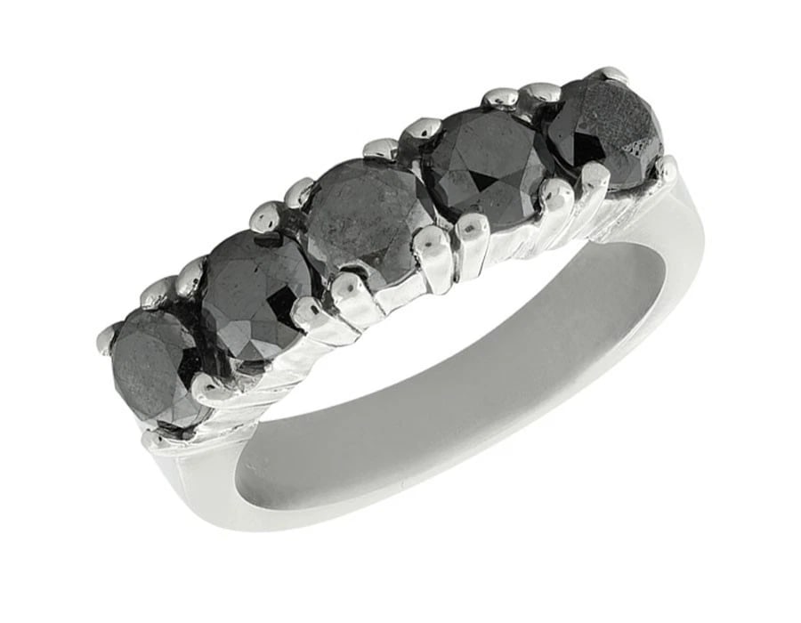 STONE SHARED PRONG TREATED BLACK DIAMOND RING: Stone Shared Prong Treated Black Diamond Ring Brand: None Type/Style: Ring Material: 14k White Gold Color: White Gold Size: Dimension(s) 5mm Accessories: None Accessories Notice: When purchasing