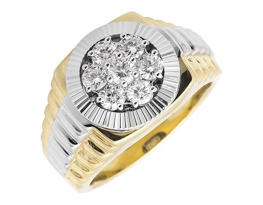 ROUND STARBURST FRAME STEP SHANK GENUINE DIAMOND RING: Round Starburst Frame Step Shank Genuine Diamond Ring Brand: None Type/Style: Ring Material: 10k Multi-Tone Gold Color: Multi-Tone Size: 10US Accessories: None Accessories Notice: When purchasing