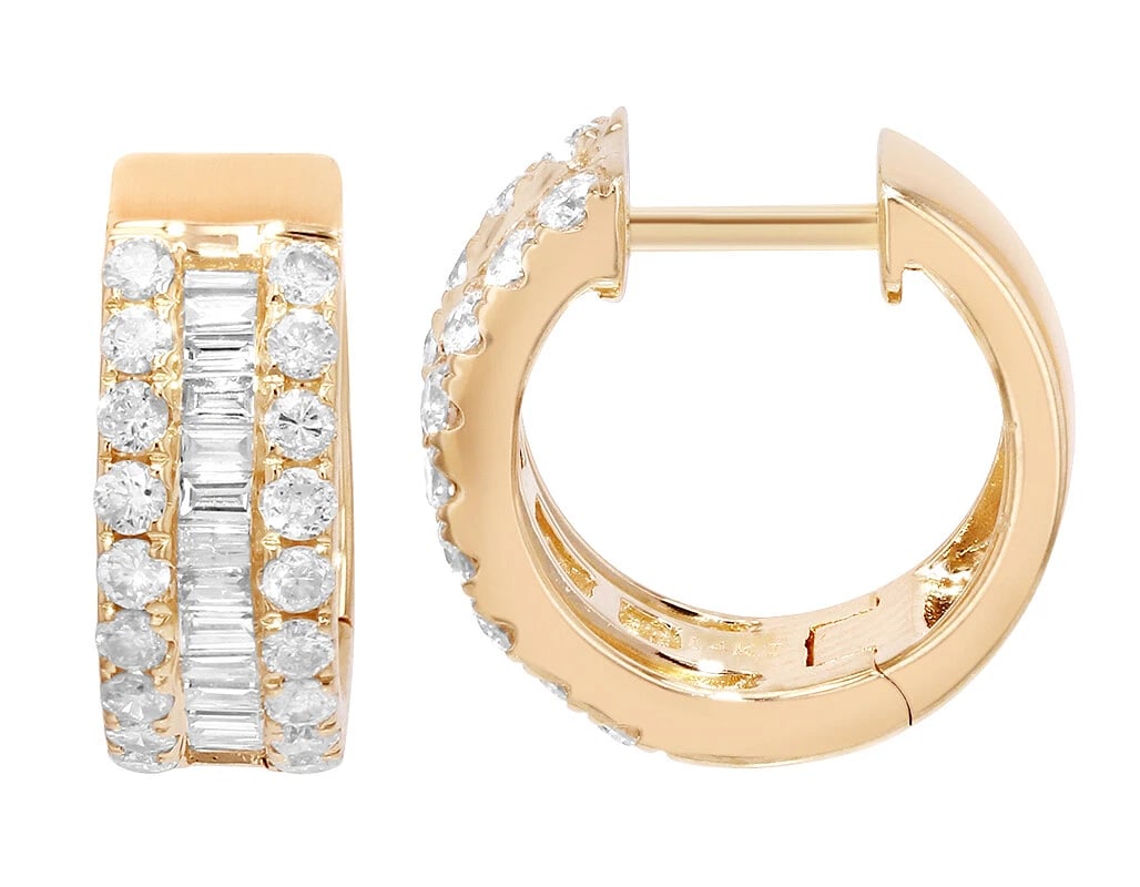 BAGUETTE DIAMOND HOOP EARRINGS: Baguette Diamond Hoop Earrings Brand: None Type/Style: Earrings Material: 14k Yellow Gold Color: Yellow Gold Size: Dimension L 0.5" x W 6mm x H2.2mm Accessories: None Accessories Notice: W