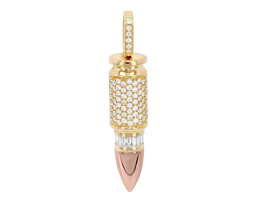 BULLET DIAMOND PENDAN: Bullet Diamond Pendan Brand: None Type/Style: Necklace Material: 14k Multi-Tone Gold Color: Multi-Tone Size: Dimension 1.5" Accessories: None Accessories Notice: When purchasing pre-owned