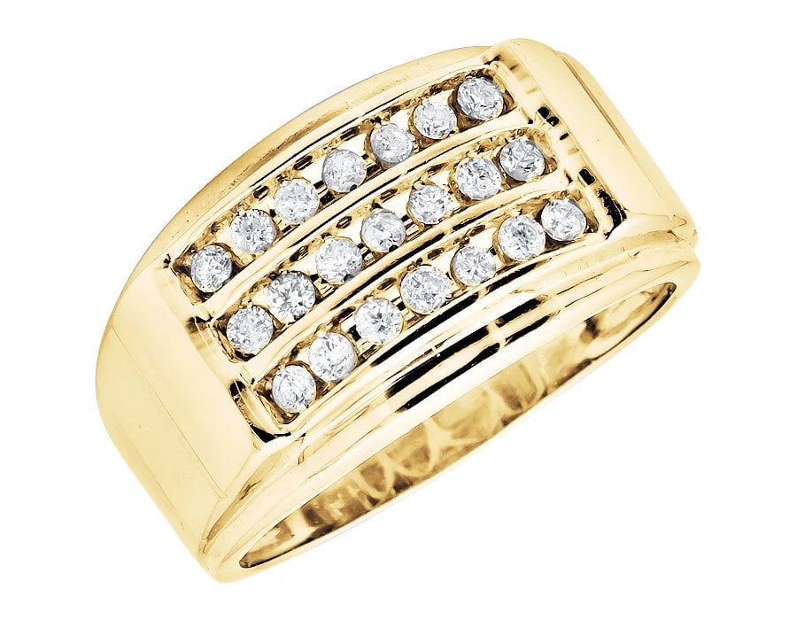 THREE ROWS GENUINE DIAMOND ENGAGEMENT WEDDING RING: Three Rows Genuine Diamond Engagement Wedding Ring Brand: None Type/Style: Ring Material: 10k Yellow Gold Color: Yellow Gold Size: 10US Accessories: None Accessories Notice: When purchasing pre-owned