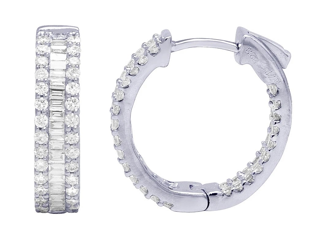 3 ROW DIAMOND INSIDE-OUT BAGUETTE HOOP EARRINGS: 3 Row Diamond Inside-Out Baguette Hoop Earrings Brand: None Type/Style: Earrings Material: 14k White Gold Color: White Gold Size: Dimension 4MM width Accessories: None Accessories Notice: