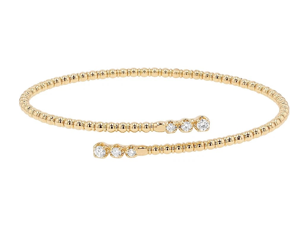 ROUND DIAMOND BEADED CUFF BRACELET: Round Diamond Beaded Cuff Bracelet Brand: None Type/Style: Bracelet Material: 14k Yellow Gold Color: Yellow Gold Size: Dimension Diameter 2.14" Width 10mm Accessories: None Accessories Notice: When