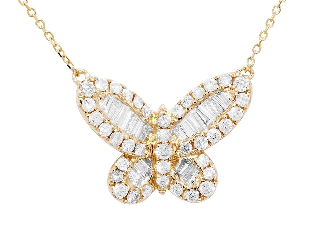 BUTTERFLY BAGUETTE DIAMOND PENDANT 14K YELLOW GOLD: Butterfly Baguette Diamond Pendant 14K Yellow Gold Brand: None Type/Style: Necklace Material: 14k Yellow Gold Color: Yellow Gold Size: Dimension 0.5" Accessories: None Accessories Notice: When