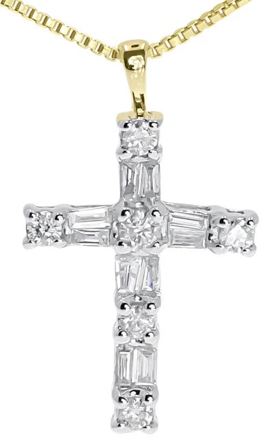 ROUND BAGUETTE DIAMOND MINI CROSS PENDANT CHARM: Round Baguette Diamond Mini Cross Pendant Charm Brand: None Type/Style: Pendant Material: 14k Yellow Gold Color: Yellow Gold Size: Dimension 24mm x 14mm Accessories: None Accessories Notice: When