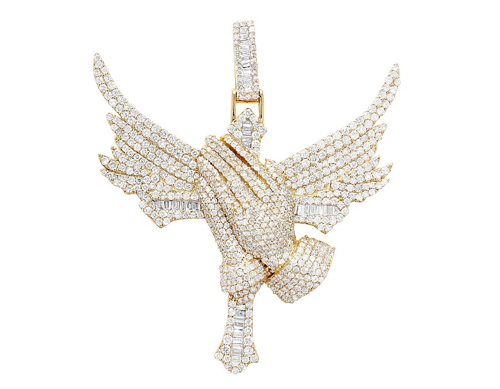 PRAYING HANDS BAGUETTE DIAMONDS CROSS-WINGS PENDANT: Praying Hands Baguette Diamonds Cross-Wings Pendant Brand: None Type/Style: Pendant Material: 10k Yellow Gold Color: Yellow Gold Size: Dimension L 1.9" , W 1.7" , H 0.2" Accessories: None