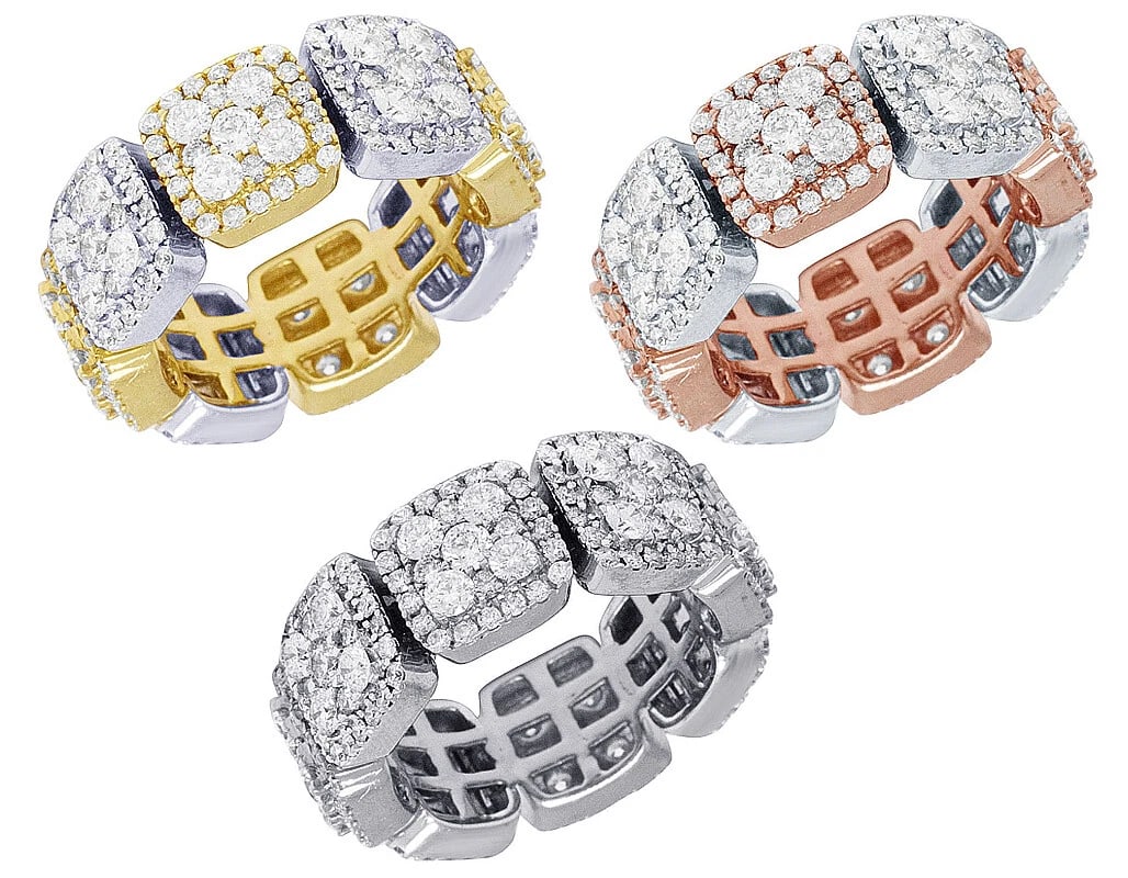 SQUARE CLUSTERS DIAMOND ETERNITY BAND RING GOLD: Square Clusters Diamond Eternity Band Ring Gold Brand: None Type/Style: Ring Material: 14kMulti-Tone Gold, Main Stone/Creation Natural Color: Multi-Tone Gold Size: 7US Accessories: None Accessories