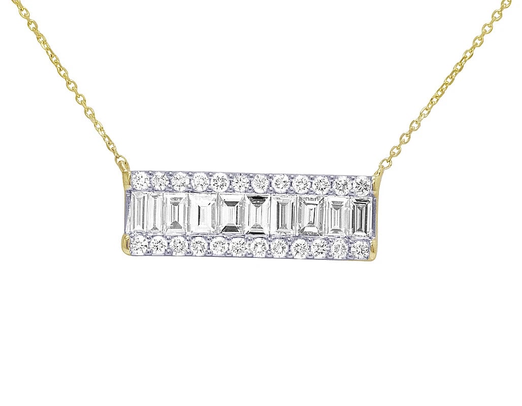 BAGUETTE DIAMOND NECKLACE 14K YELLOW GOLD: Baguette Diamond Necklace 14K Yellow Gold Brand: None Type/Style: Necklace Material: 14K Yellow Gold, Main Stone/Creation Natural Color: Yellow Gold Size: Length 18 Inches in Accessories: None