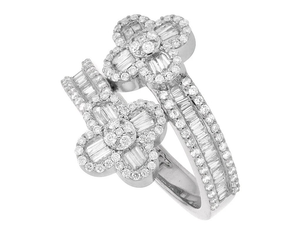 BAGUETTE CLOVER-BAND DIAMOND RING GOLD: Baguette Clover-Band Diamond Ring Gold Brand: None Type/Style: Ring Material: 10K White-gold, Main Stone/Creation Natural Color: White-gold Size: 7US Accessories: None Accessories Notice: