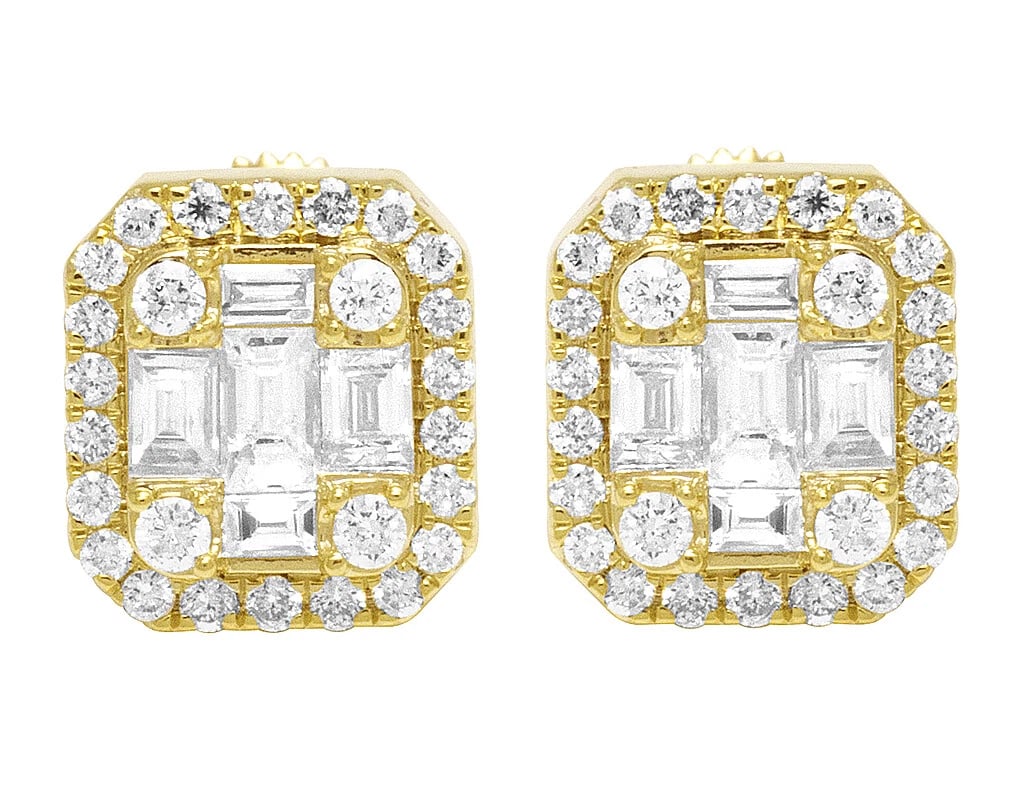 14K YELLOW GOLD DIAMOND BAGUETTE HALO RECTANGLE STUD EARRINGS: 14K Yellow Gold Diamond Baguette Halo Rectangle Stud Earrings Brand: None Type/Style: Material: 14K Yellow Gold Color: Yellow Gold Size: Dimension 10.5mm Accessories: None Accessories Noti