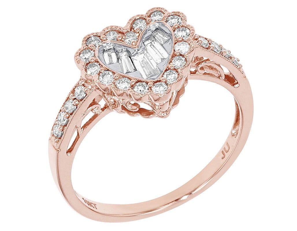 HEART BAGUETTE DIAMOND RING 10K ROSE-WHITE GOLD: Heart Baguette Diamond Ring 10K Rose-White Gold Brand: None Type/Style: Ring Material: 10K Rose-White Gold, Main Stone/Creation Natural Color: Rose-White Gold Size: 7US Accessories: None Accessories