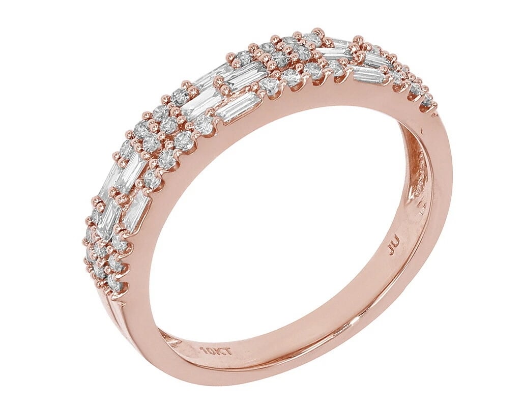 BAGUETTE DIAMOND RING BAND 10K ROSE GOLD: Baguette Diamond Ring Band 10K Rose Gold Brand: None Type/Style: Ring Material: 10K Rose Gold, Main Stone/Creation Natural Color: Rose Gold Size: 7US Accessories: None Accessories Notice: