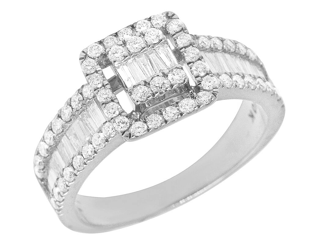 INVISIBLE BAGUETTE DIAMOND ENGAGEMENT RING: Invisible baguette Diamond Engagement Ring Brand: None Type/Style: Ring Material: 10K White Gold, Main Stone/Creation Natural Color: White Gold Size: 7US Accessories: None Accessories Notice: When
