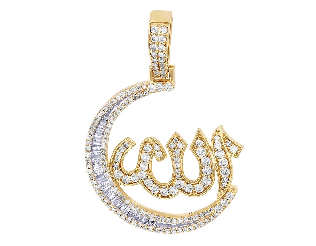 MOON CRESCENT ALLAH BAGUETTE DIAMOND PENDANT YELLOW GOLD: Moon Crescent Allah Baguette Diamond Pendant Yellow Gold Brand: None Type/Style: Necklace Material: 10k Yellow Gold Color: Yellow Gold Size: Dimension 1.5" Accessories: None Accessories No