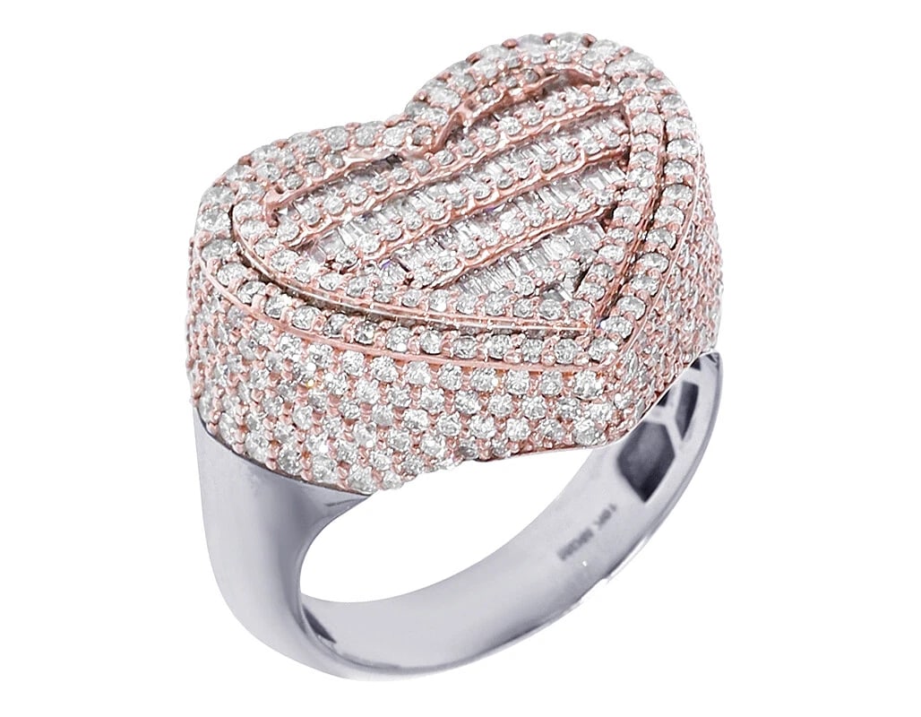 HEART-SHAPED BAGUETTE DIAMOND PINKY RING: Heart-Shaped Baguette Diamond Pinky Ring Brand: None Type/Style: Ring Material: 10K Rose-White Gold, Main Stone/Creation Natural Color: Rose-White Gold Size: 10US Accessories: None Accesso